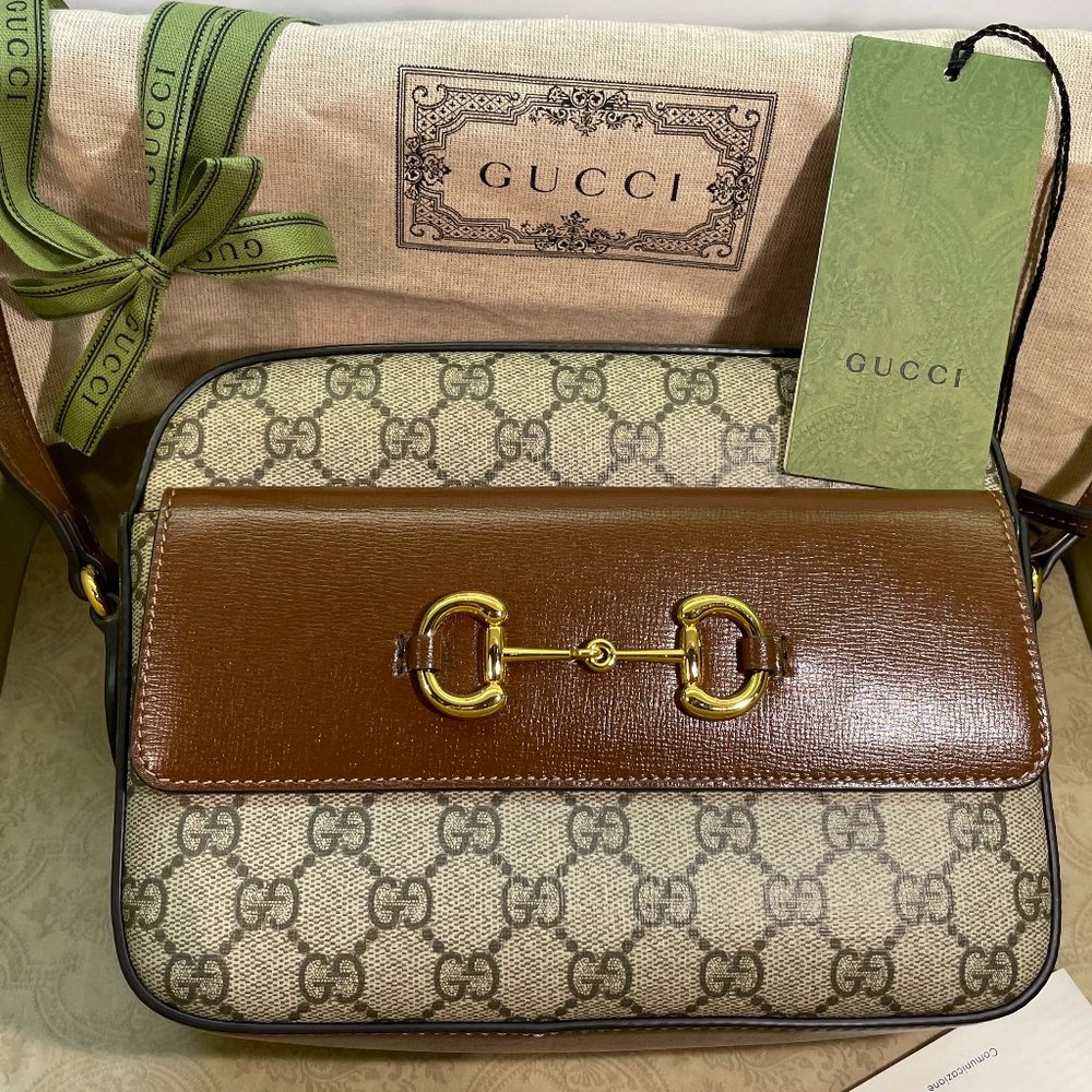 Authentic Gucci Horsebit 1955, GG Supreme Canvas, Beige/Ebony, Brown Leather